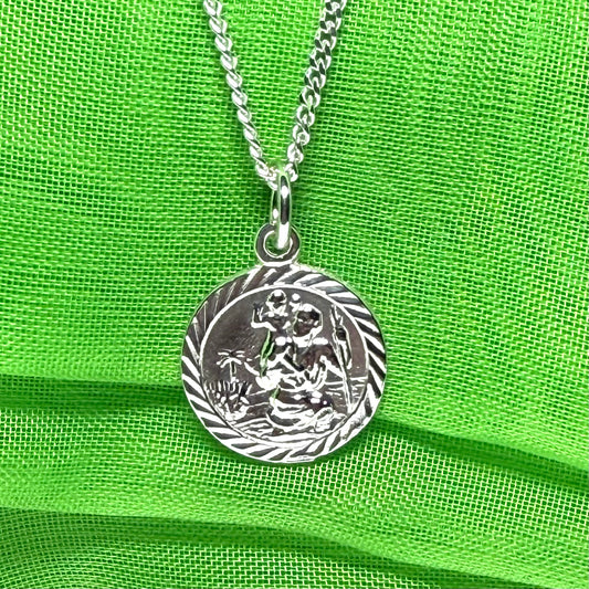 Sterling Silver Round St. Christopher Including Chain 15 mm