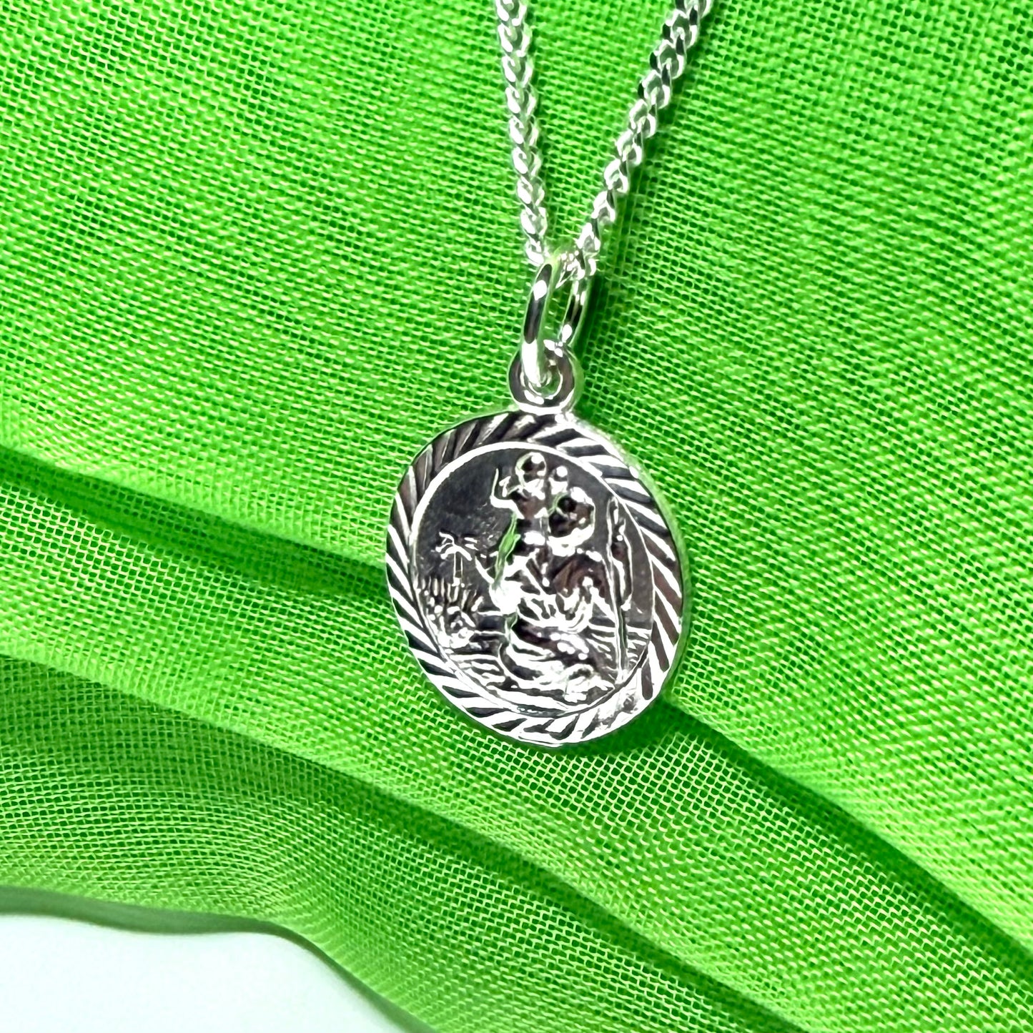 Sterling Silver Round St. Christopher Including Chain 15 mm