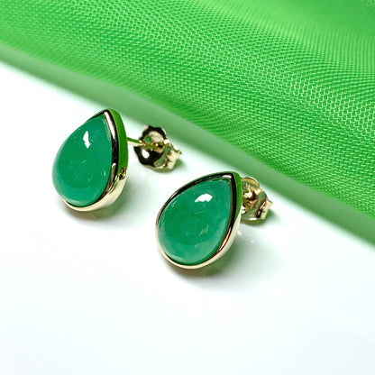 Real jade stud earrings green pear teardrop rubbed over smooth setting yellow gold