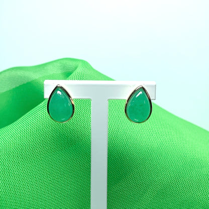 Real jade stud earrings green pear teardrop rubbed over smooth setting yellow gold