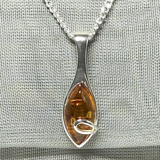 Sterling silver real amber marquise shape necklace swirl pendant