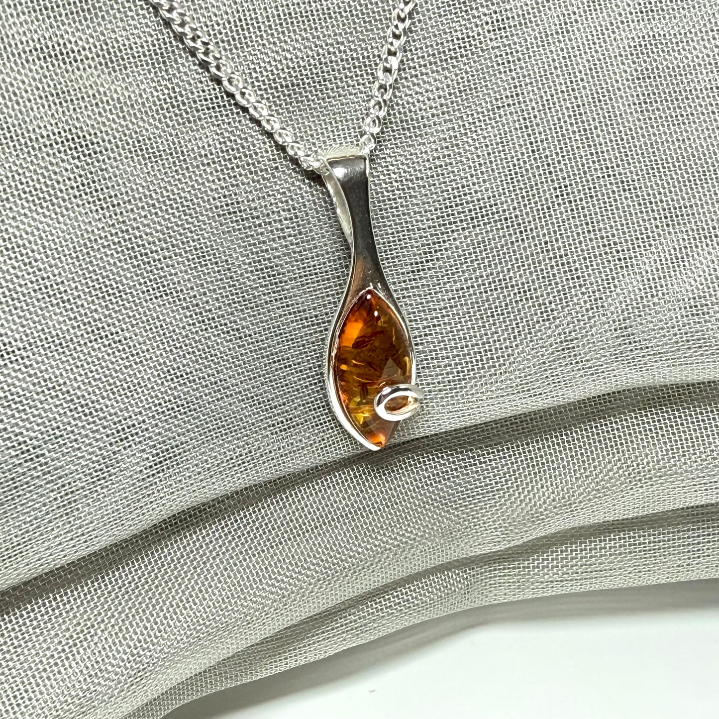 Sterling silver real amber marquise shape necklace swirl pendant
