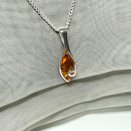 Sterling silver real amber marquise shape necklace swirl pendant