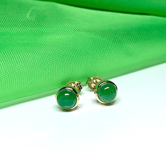 Real jade stud earrings green round rubbed over smooth setting yellow gold