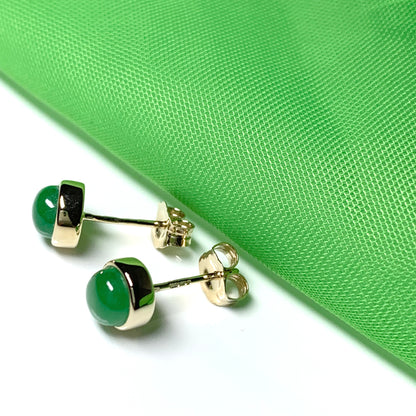 Real jade stud earrings green round rubbed over smooth setting yellow gold