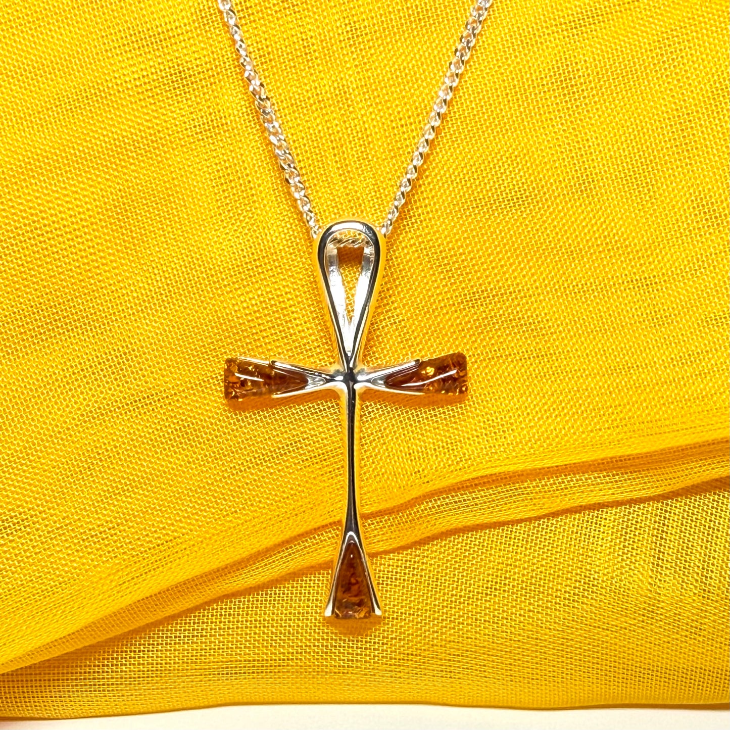 Real amber ankh cross necklace sterling silver pendant