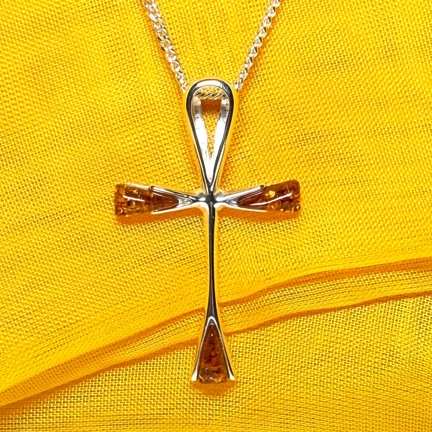 Real amber ankh cross necklace sterling silver pendant