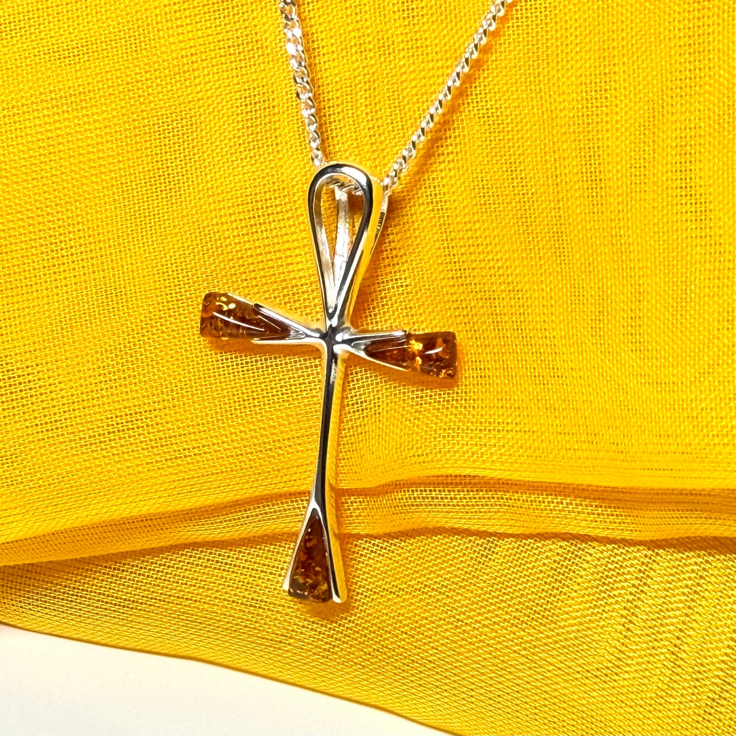 Real amber ankh cross necklace sterling silver pendant