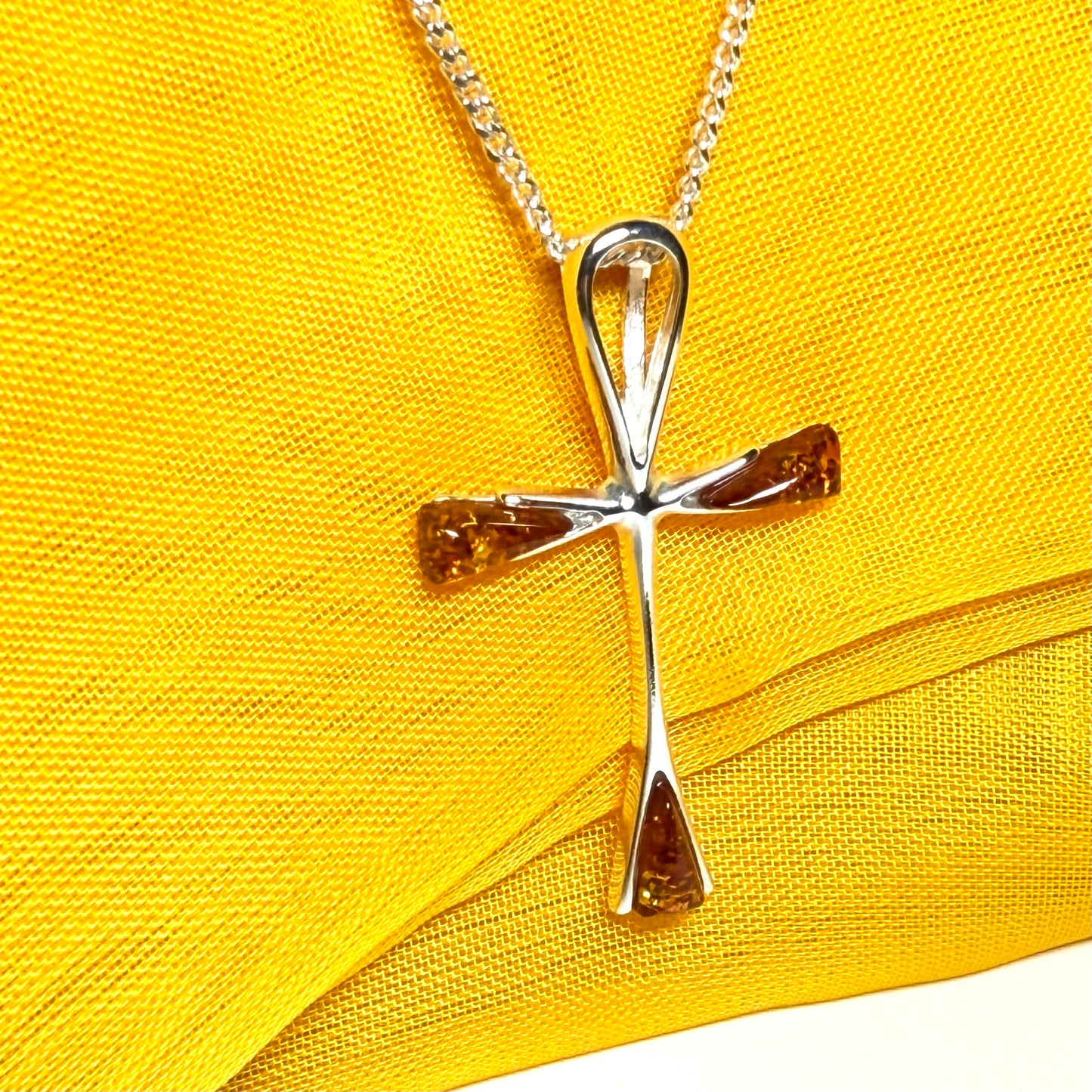 Real amber ankh cross necklace sterling silver pendant