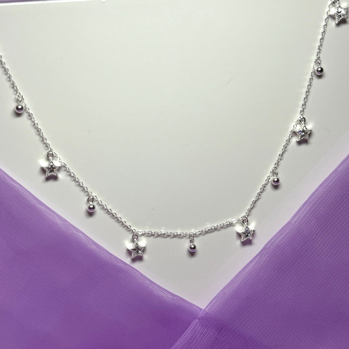 Open star shaped charm sparkling necklace ladies cubic zirconia sterling silver