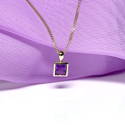 Purple square amethyst yellow gold necklace