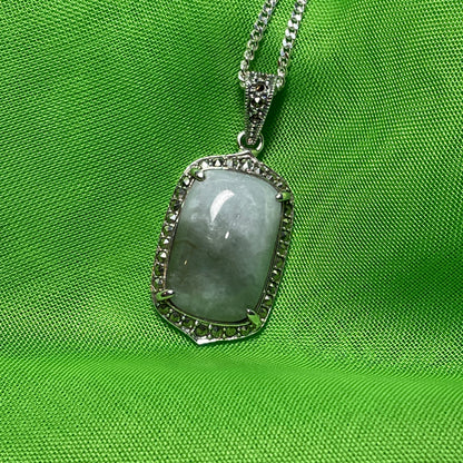 Long cushion shaped light green jade and marcasite silver necklace pendant