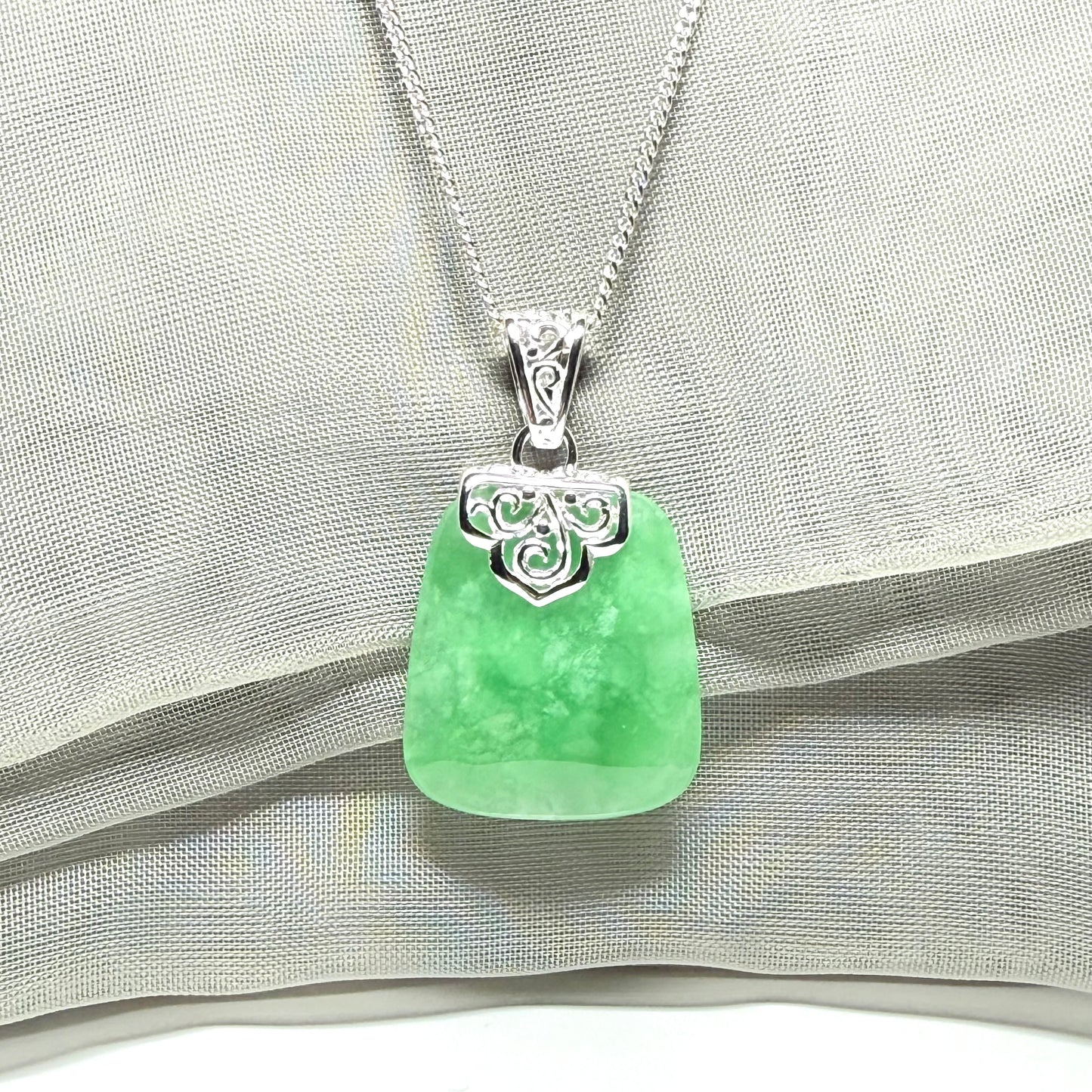 Real jade necklace green sterling silver large cushion shape, a truly gorgeous pendant