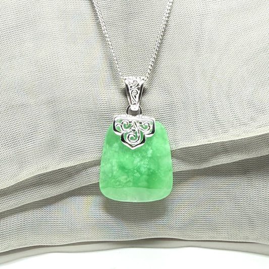 Real jade necklace green sterling silver large cushion shape, a truly gorgeous pendant