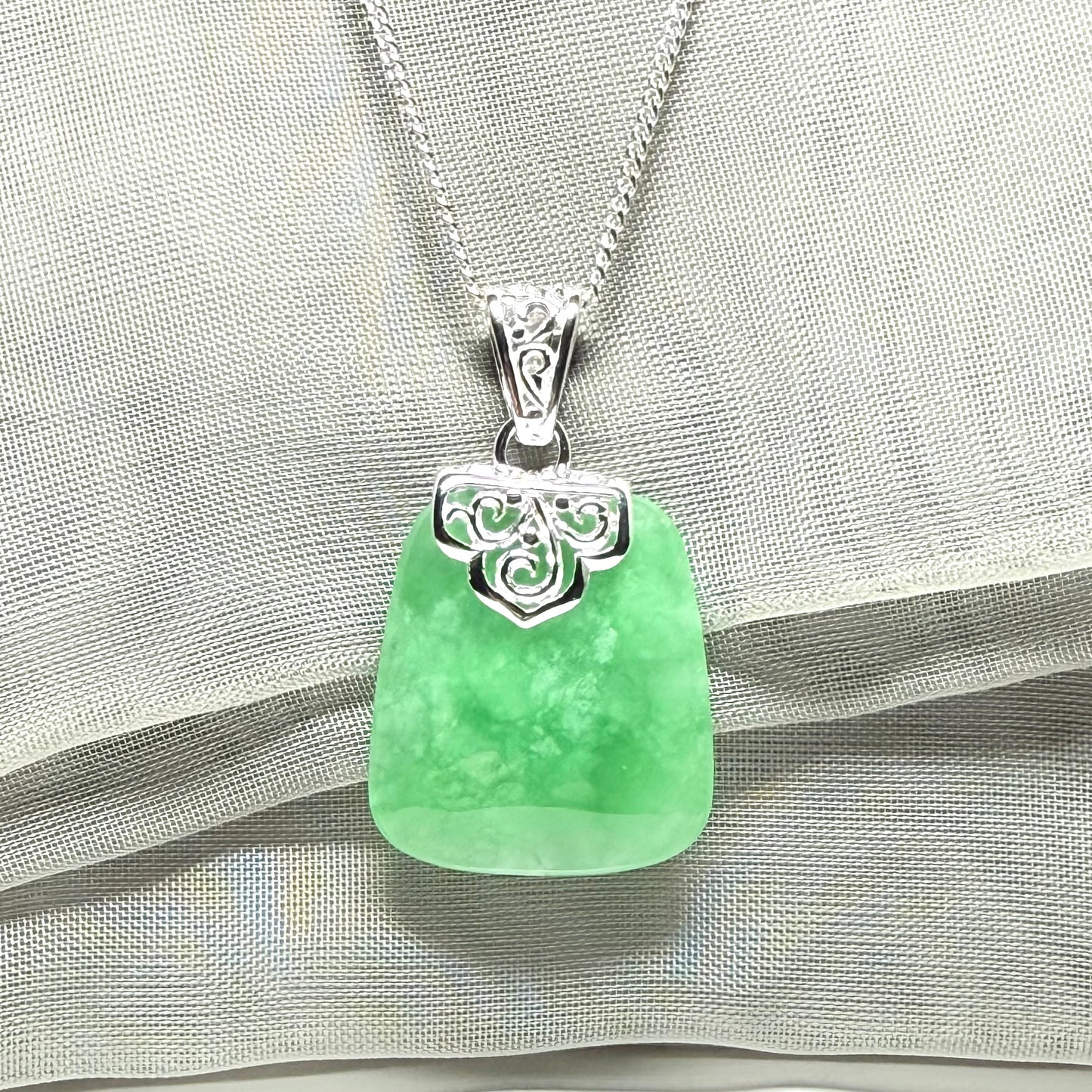 Real jade necklace green sterling silver large cushion shape, a truly gorgeous pendant