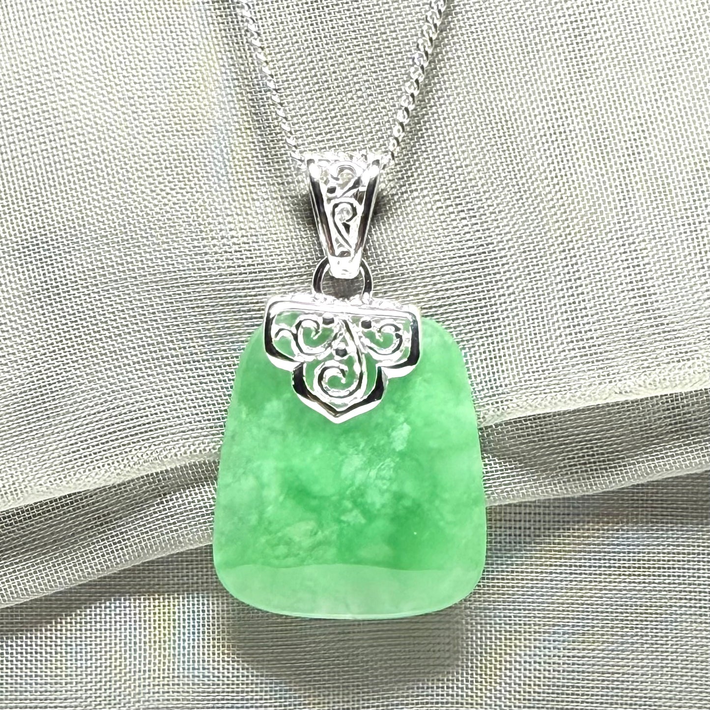 Real jade necklace green sterling silver large cushion shape, a truly gorgeous pendant