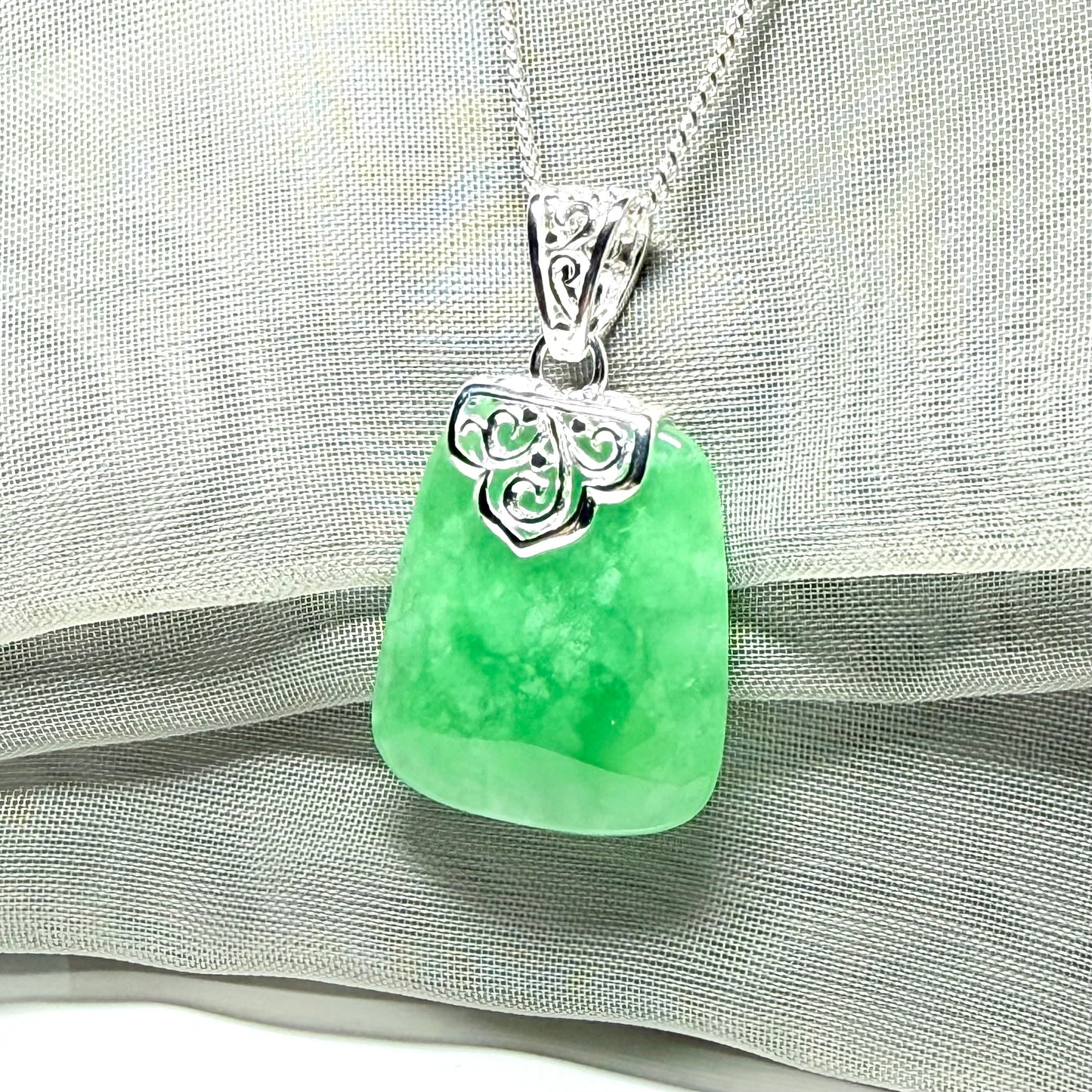 Real jade necklace green sterling silver large cushion shape, a truly gorgeous pendant