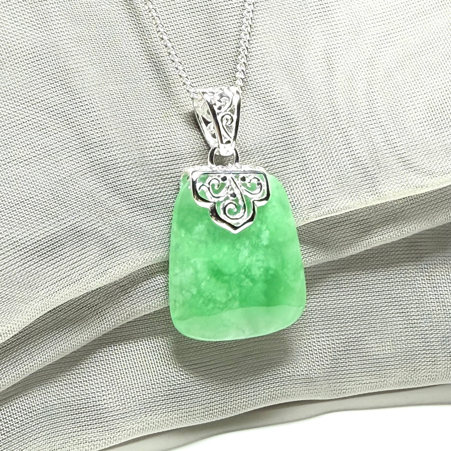 Real jade necklace green sterling silver large cushion shape, a truly gorgeous pendant
