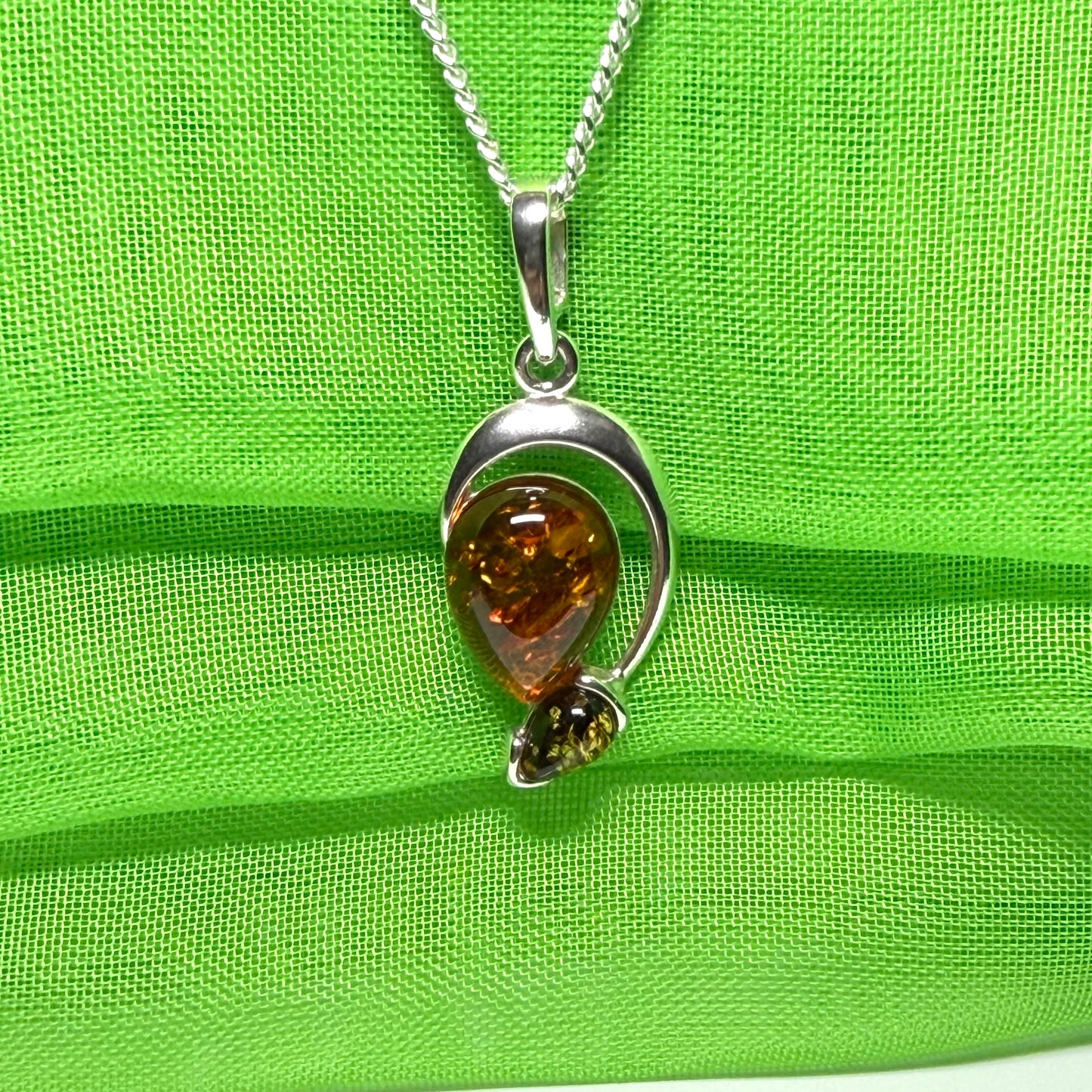 Sterling silver real amber double pear necklace open teardrop shaped pendant