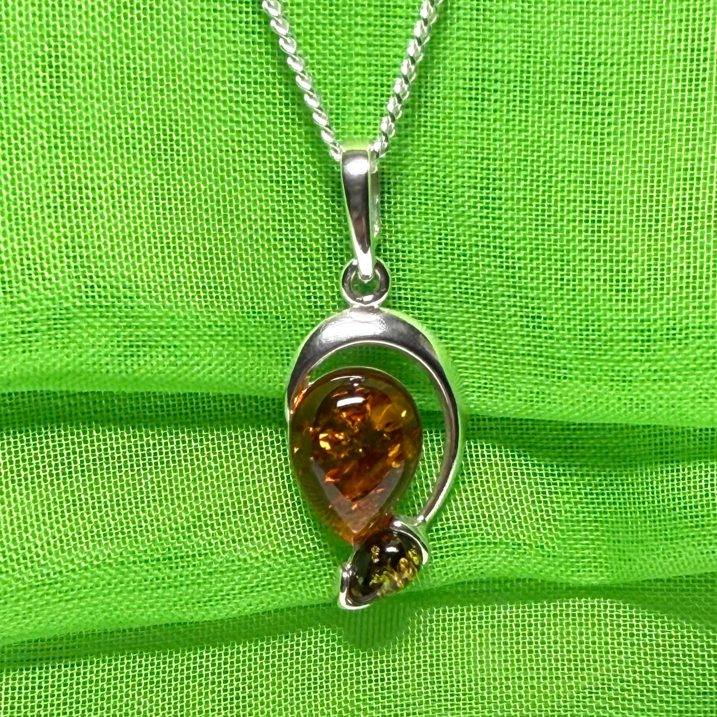 Sterling silver real amber double pear necklace open teardrop shaped pendant