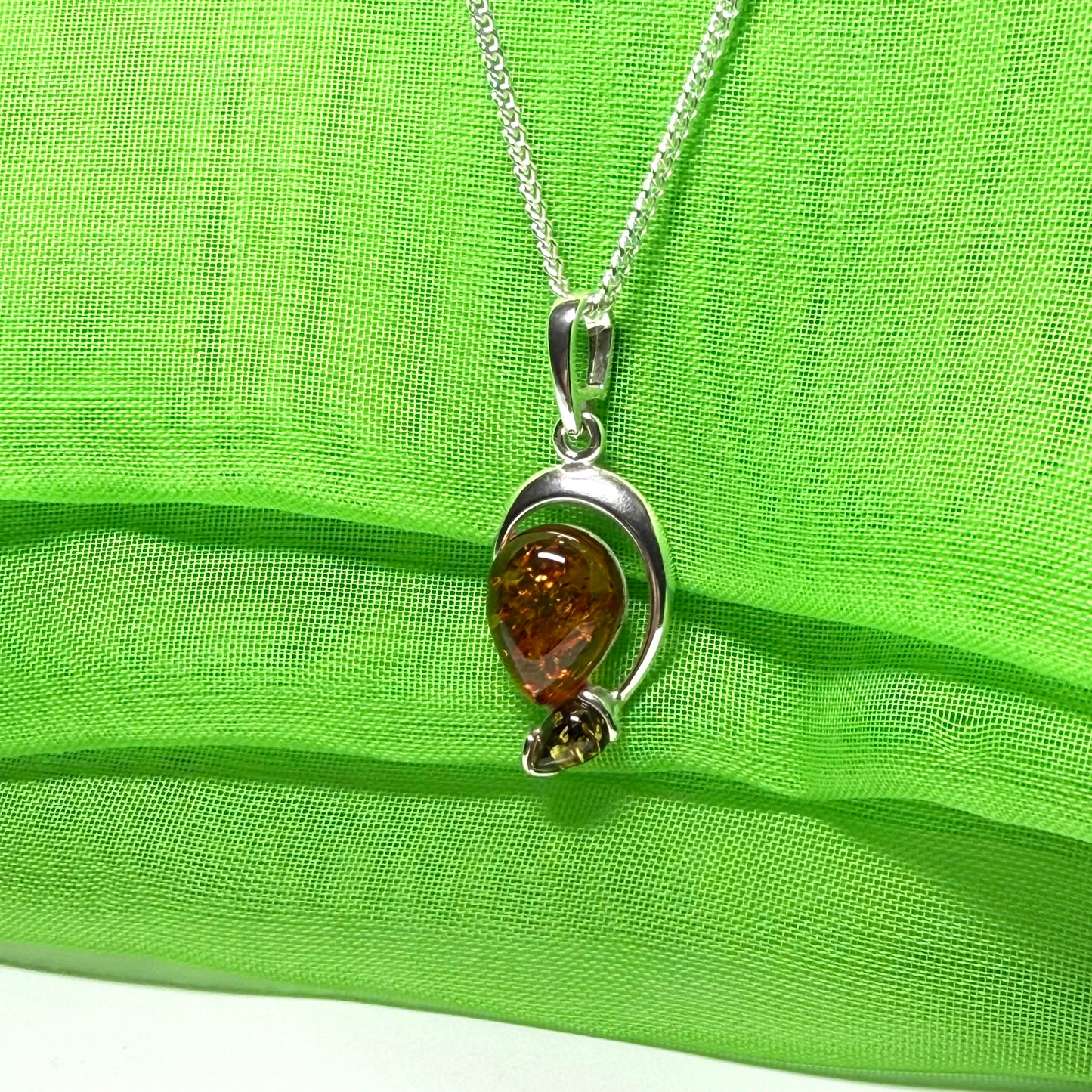 Sterling silver real amber double pear necklace open teardrop shaped pendant
