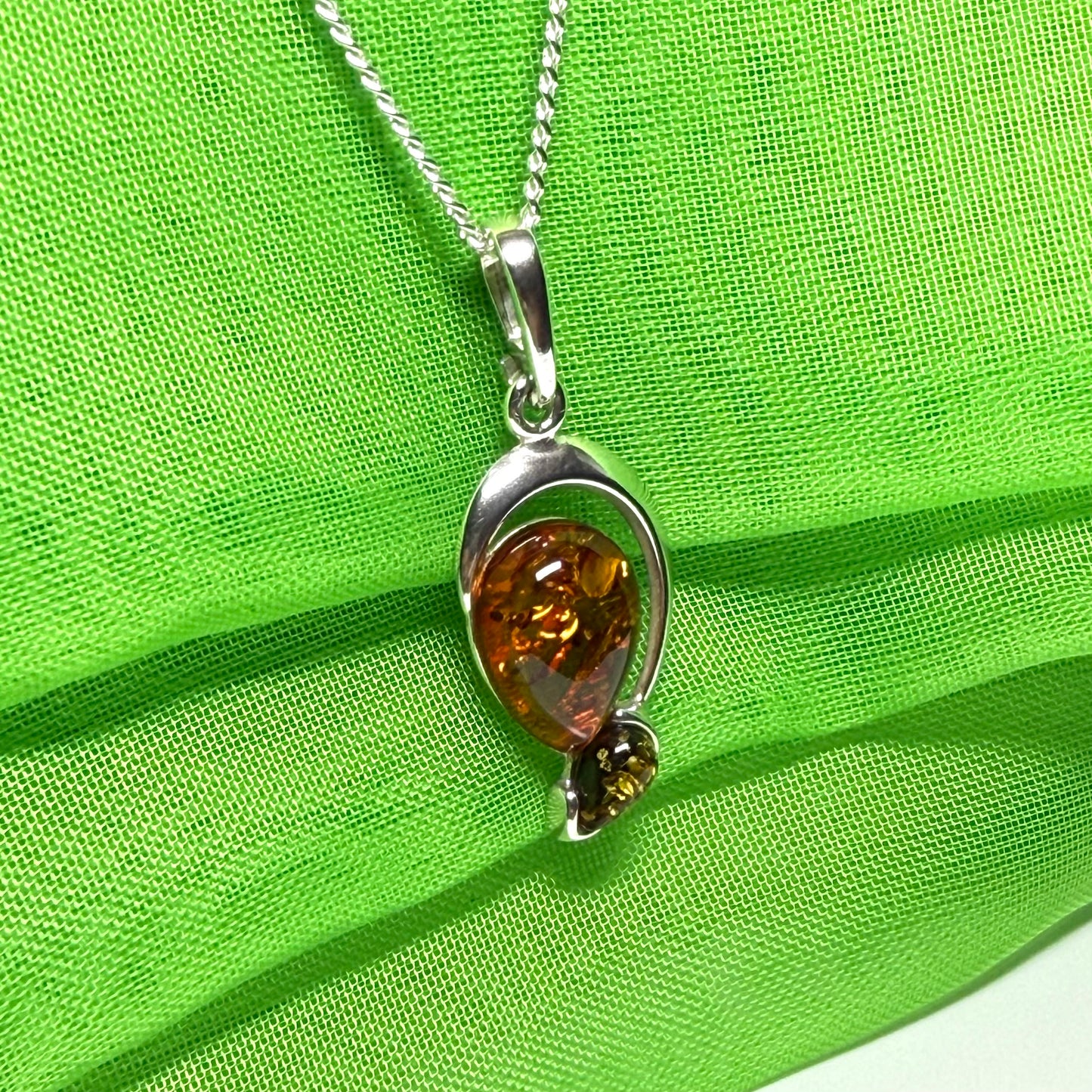 Sterling silver real amber double pear necklace open teardrop shaped pendant