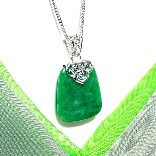 Real jade necklace dark green sterling silver large cushion shaped, a beautiful pendant
