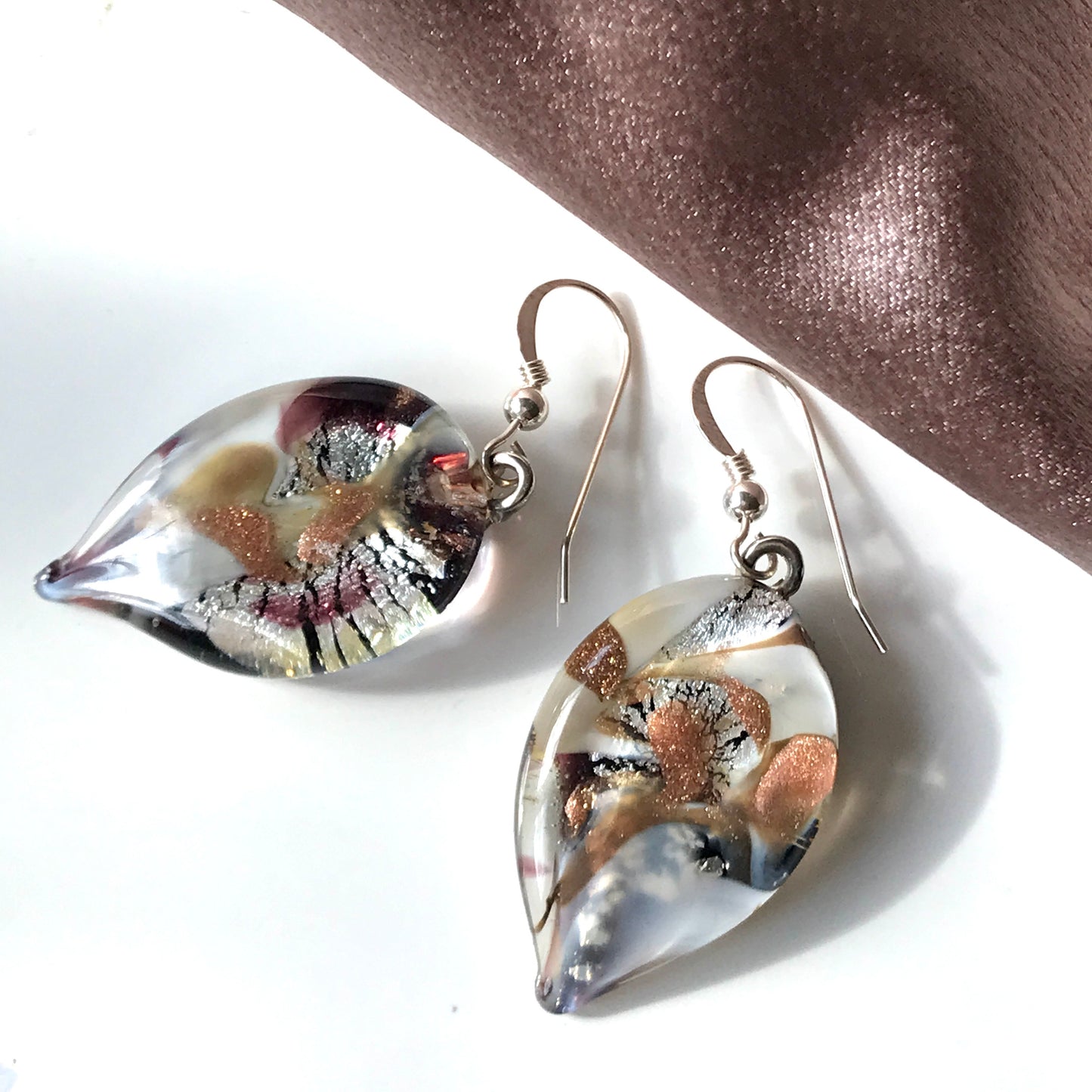 White Copper Murano Glass Leaf Drop Earrings