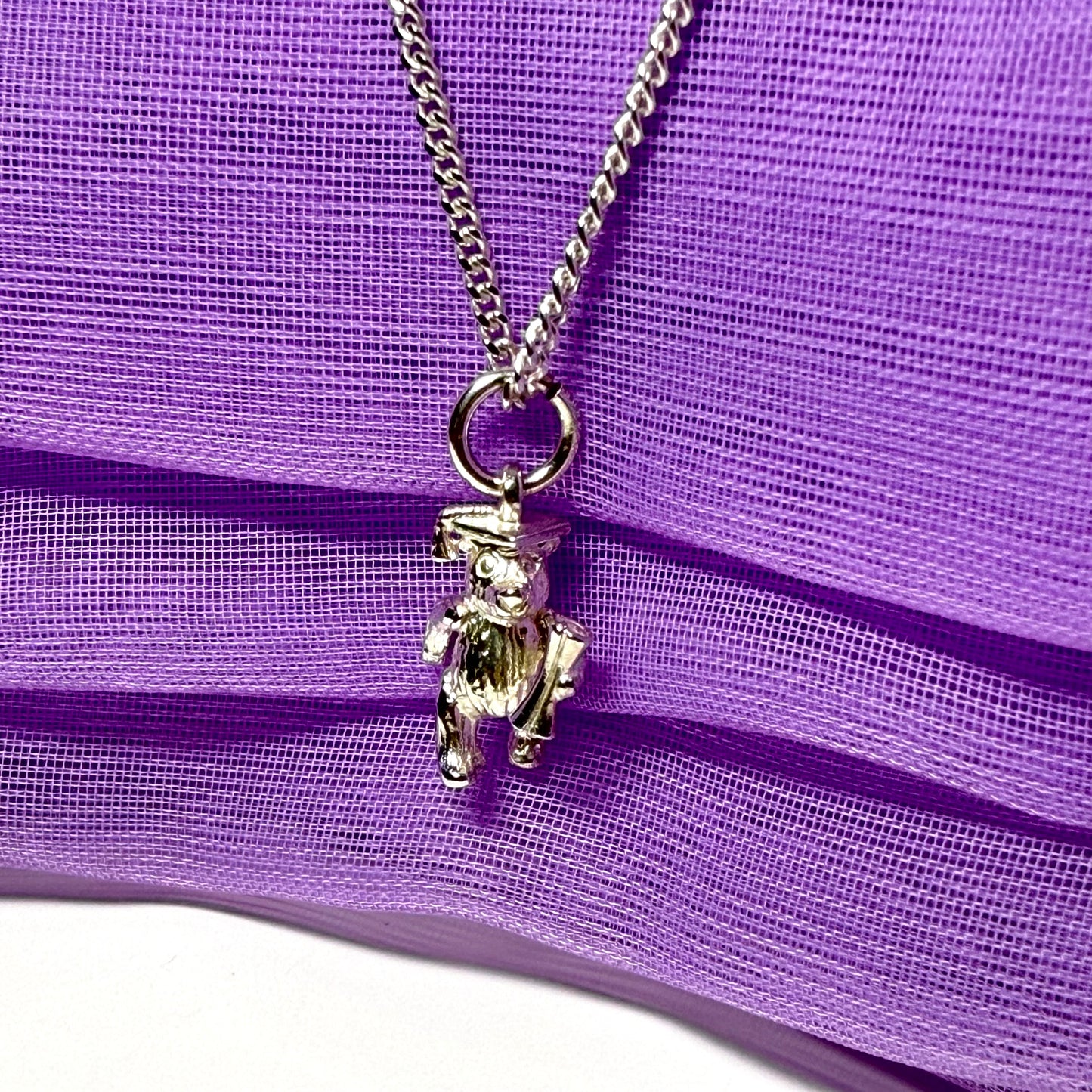 Graduation Bear Necklace Wearing Mortar Board Sterling Silver Charm