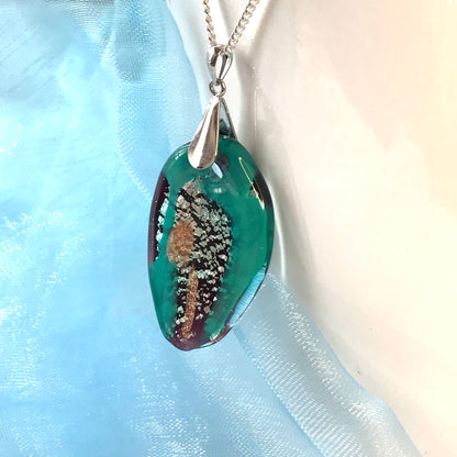 Necklace real Murano glass turquoise coloured oval shaped pendant