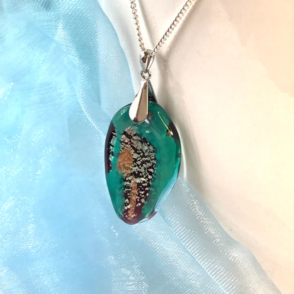 Necklace real Murano glass turquoise coloured oval shaped pendant