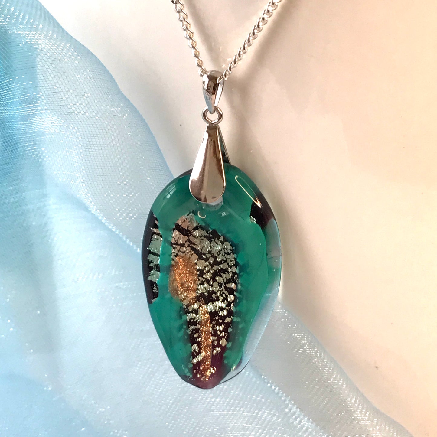 Necklace real Murano glass turquoise coloured oval shaped pendant