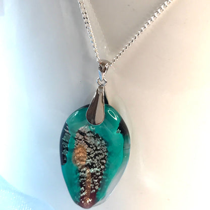 Necklace real Murano glass turquoise coloured oval shaped pendant