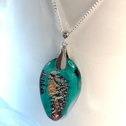 Necklace real Murano glass turquoise coloured oval shaped pendant