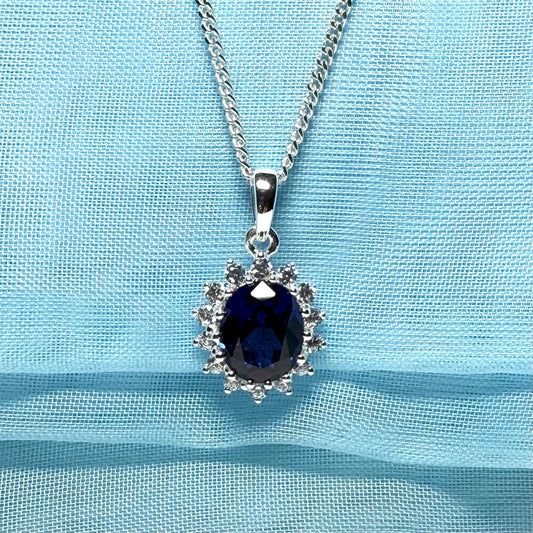 Large necklace deep sapphire blue white cubic zirconia oval cluster