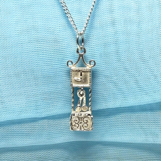 Grandfather Clock Necklace Solid Sterling Silver Charm Pendant