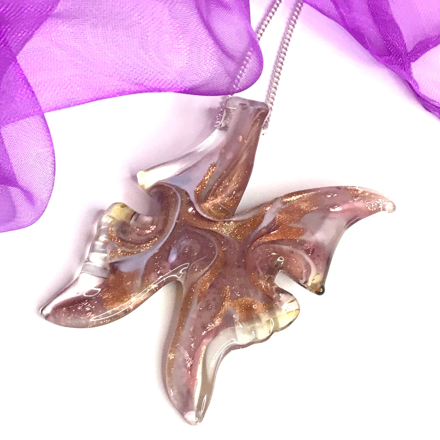 Large real Murano glass butterfly shaped necklace pink coloured pendant sterling silver