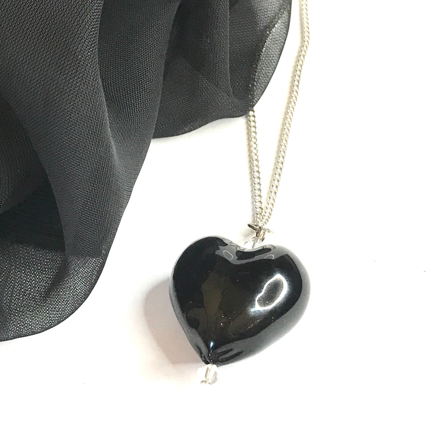 Necklace real Murano glass black heart drop pendant sterling silver chain