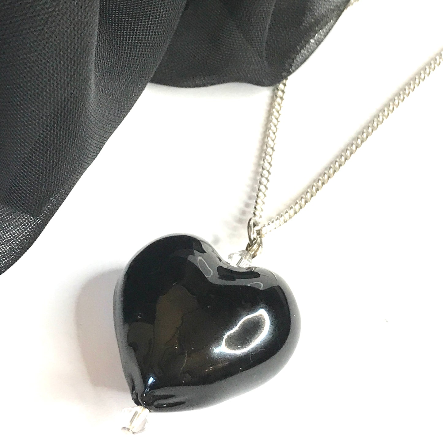 Necklace real Murano glass black heart drop pendant sterling silver chain