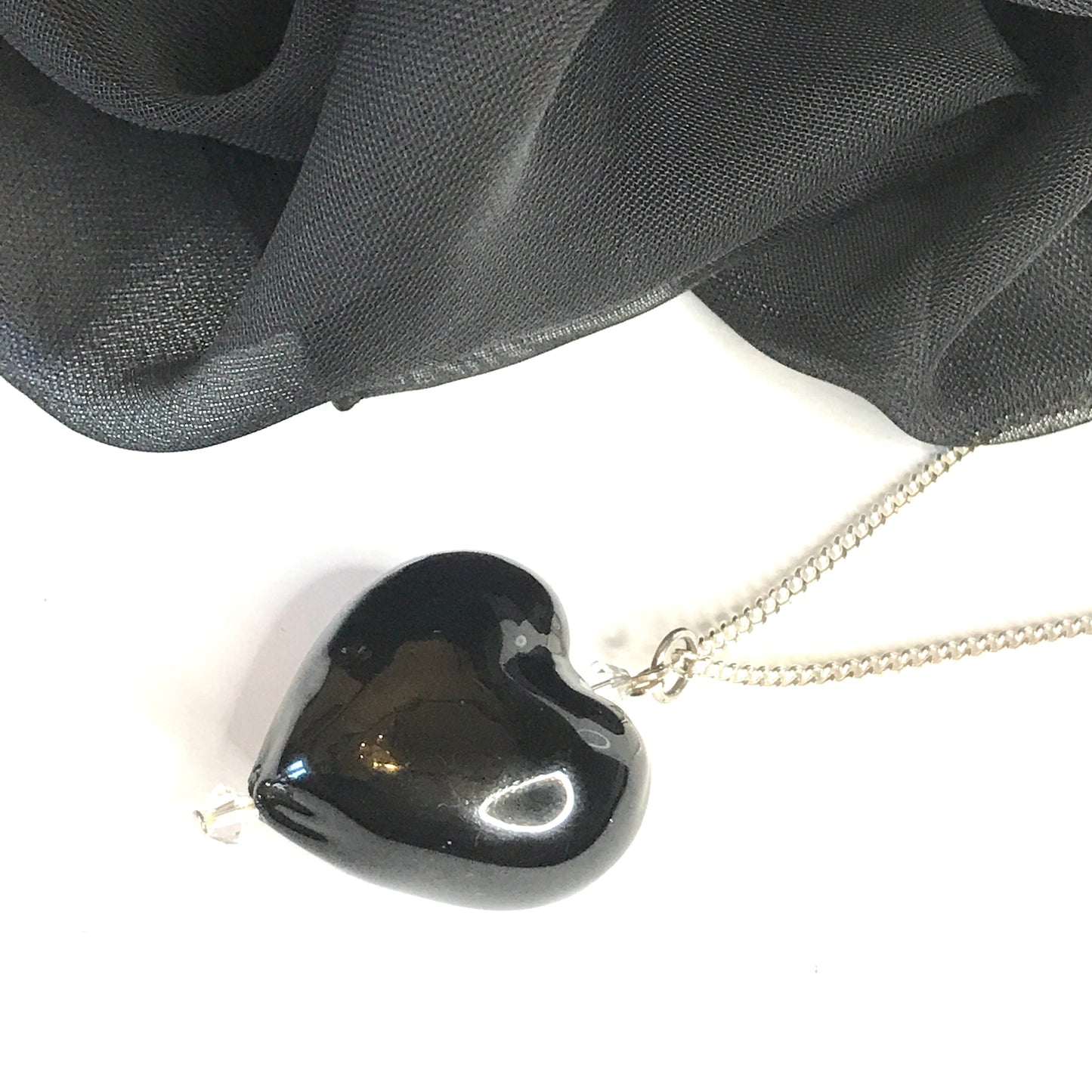 Necklace real Murano glass black heart drop pendant sterling silver chain