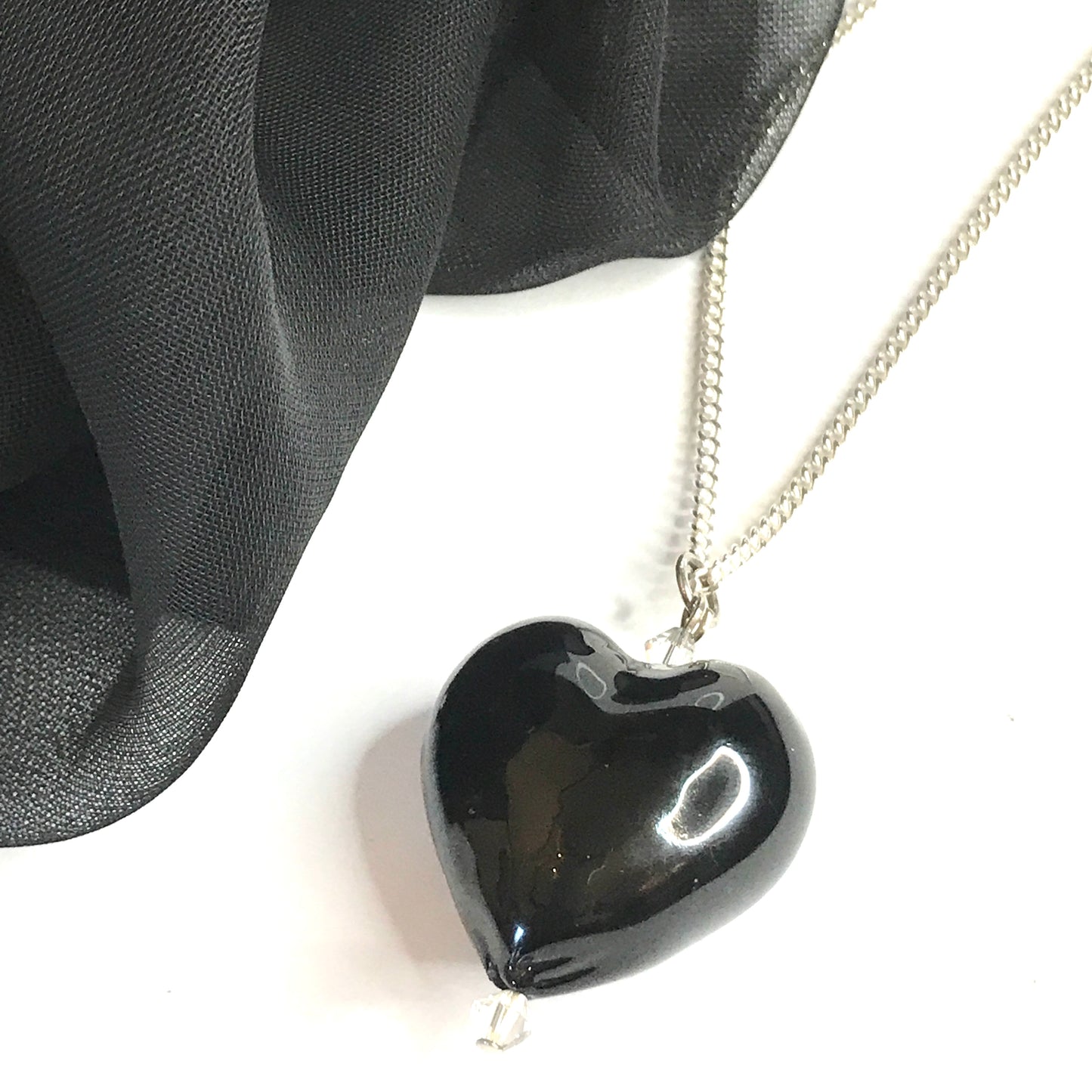 Necklace real Murano glass black heart drop pendant sterling silver chain