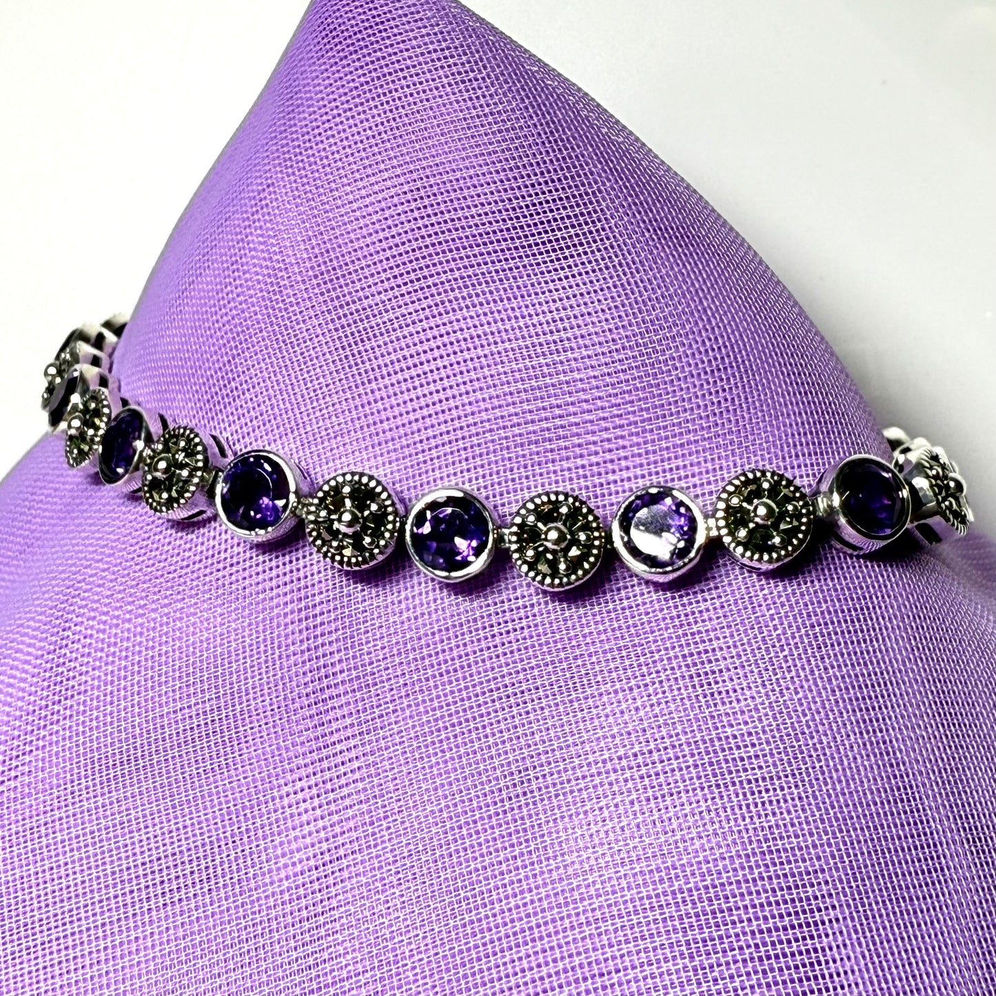 Real marcasite and real amethyst sterling silver bracelet round shaped