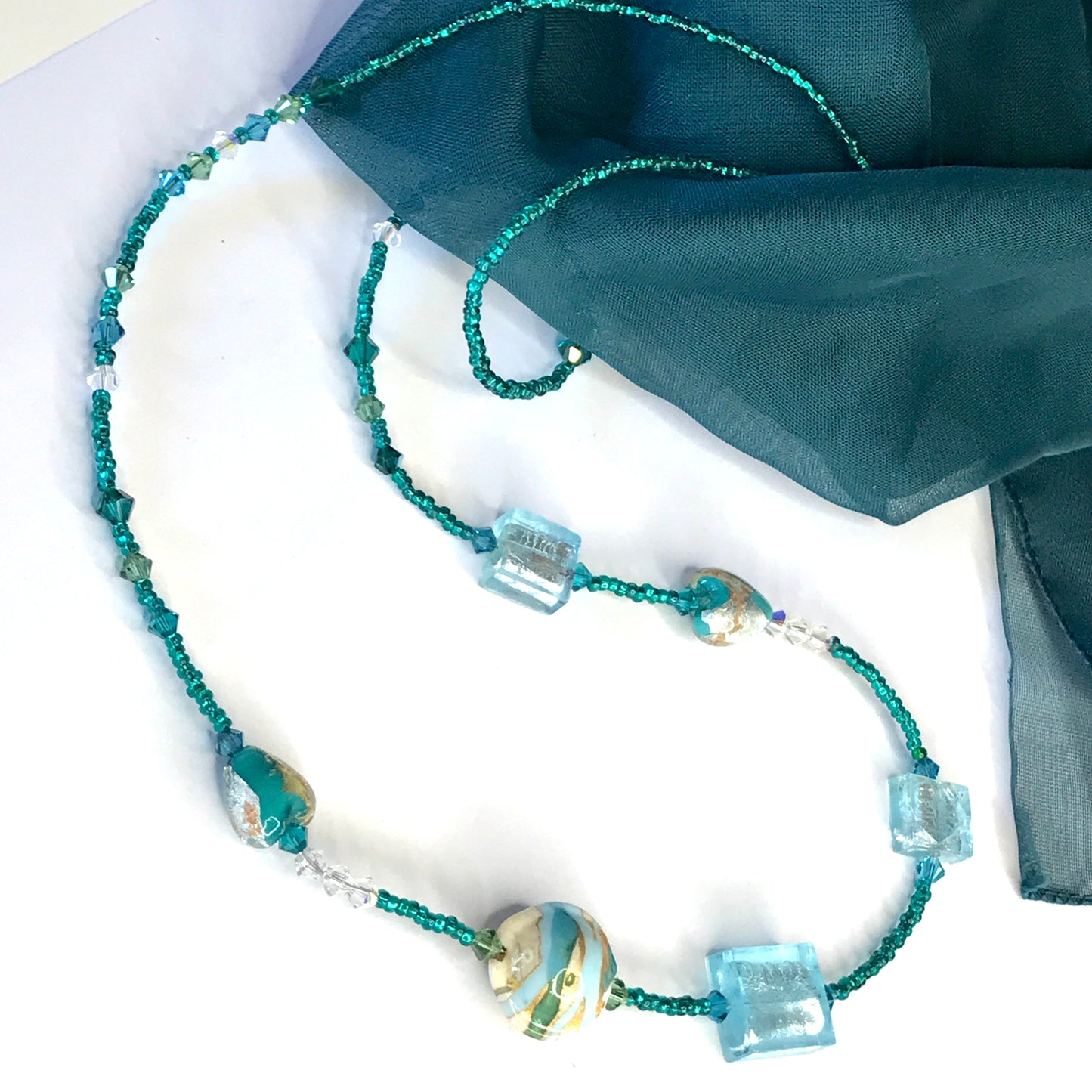Beautiful green, blue, golden, white beaded real Murano glass necklace with crystals