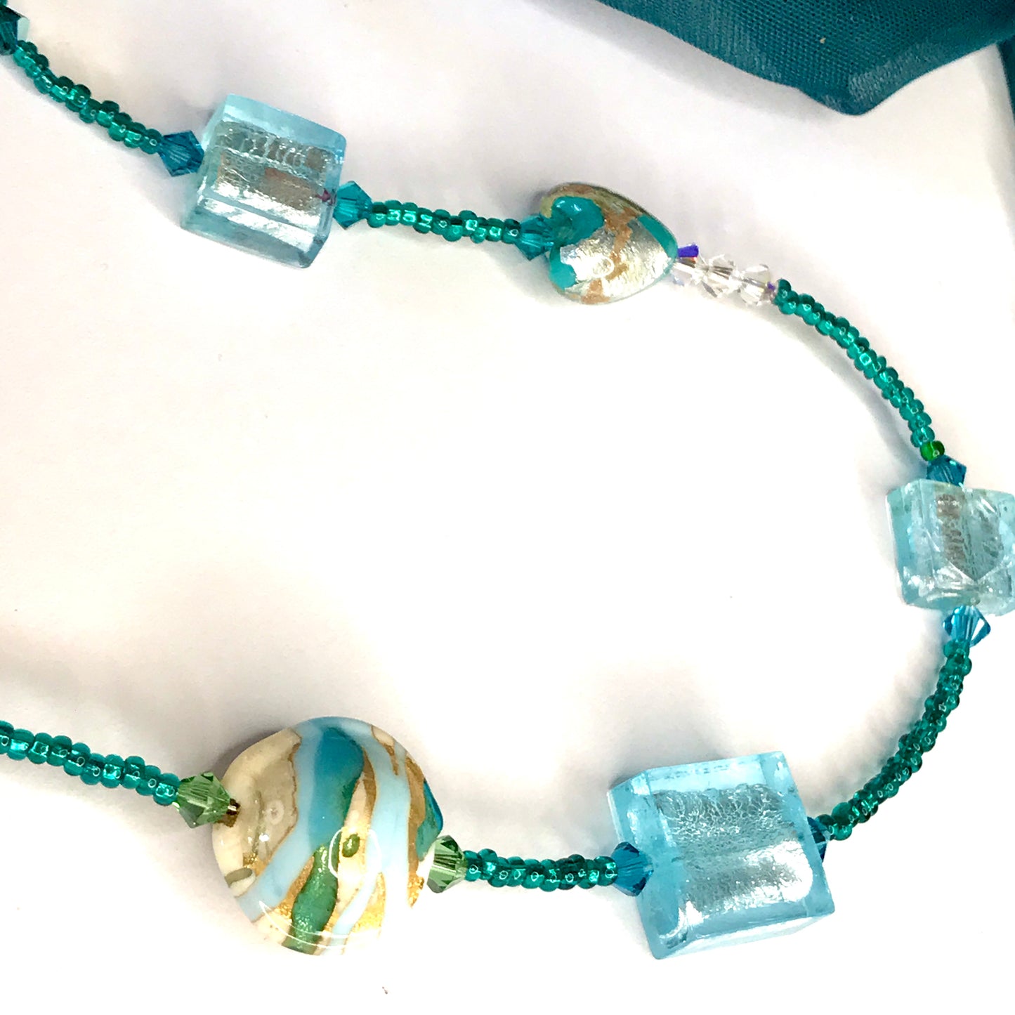 Beautiful green, blue, golden, white beaded real Murano glass necklace with crystals
