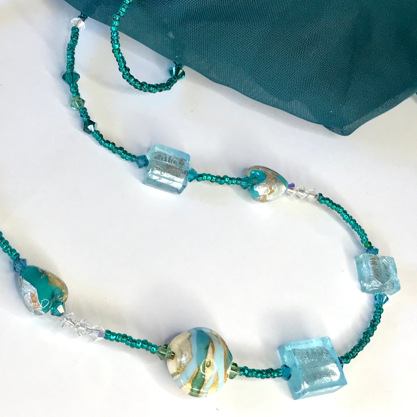 Beautiful green, blue, golden, white beaded real Murano glass necklace with crystals