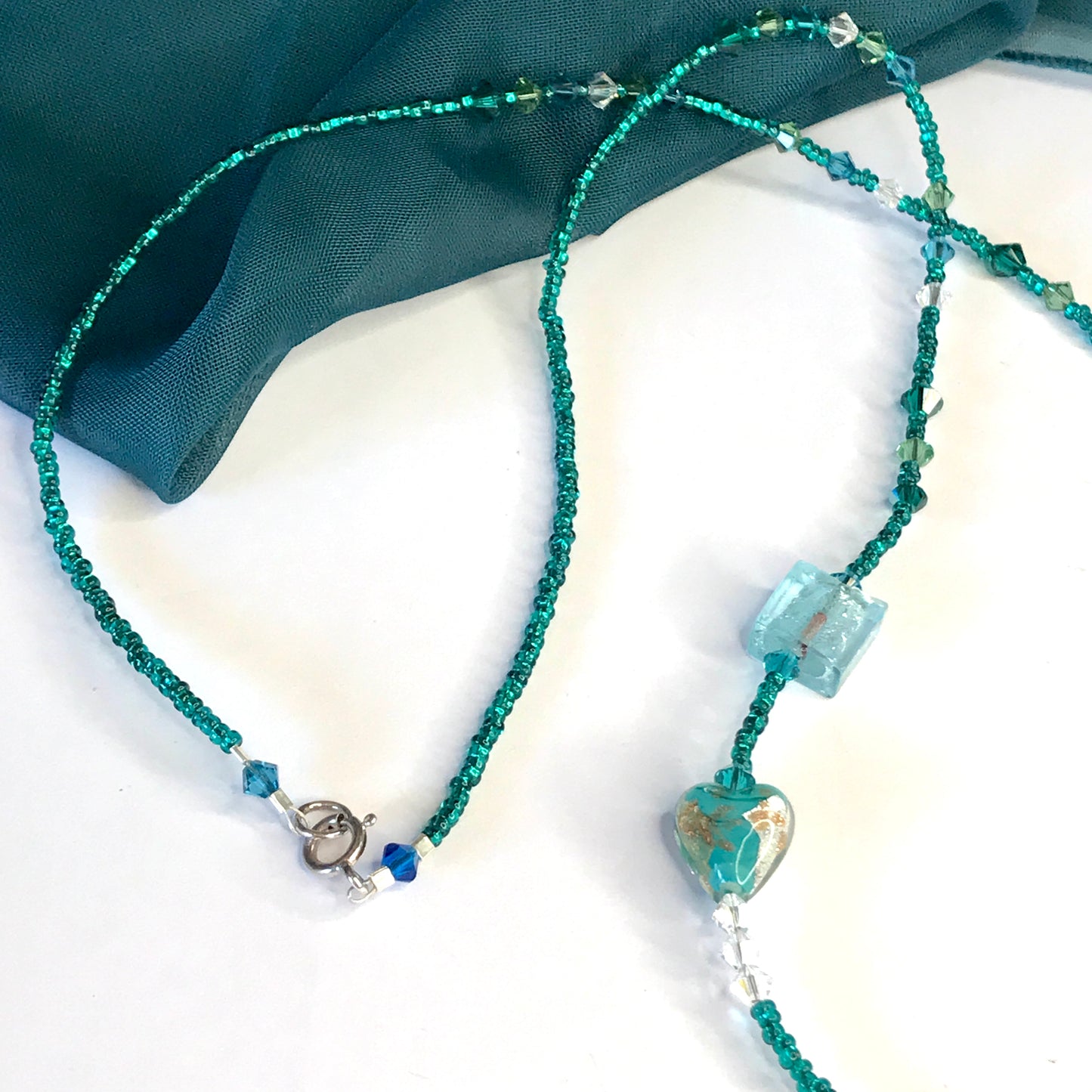 Beautiful green, blue, golden, white beaded real Murano glass necklace with crystals
