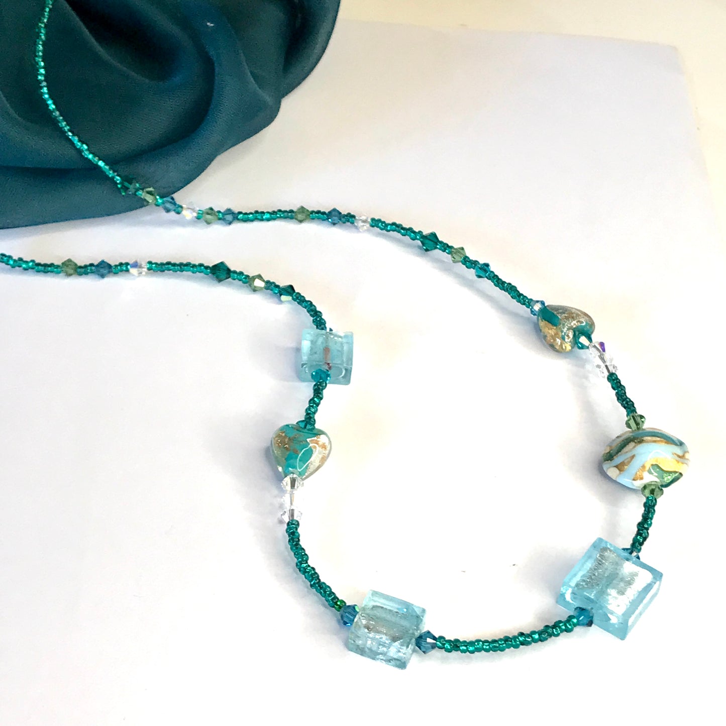 Beautiful green, blue, golden, white beaded real Murano glass necklace with crystals