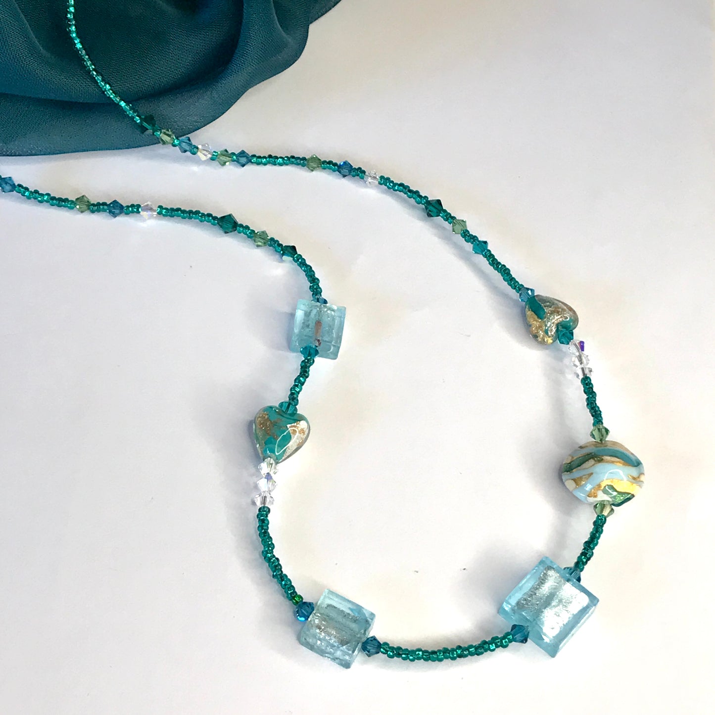 Beautiful green, blue, golden, white beaded real Murano glass necklace with crystals