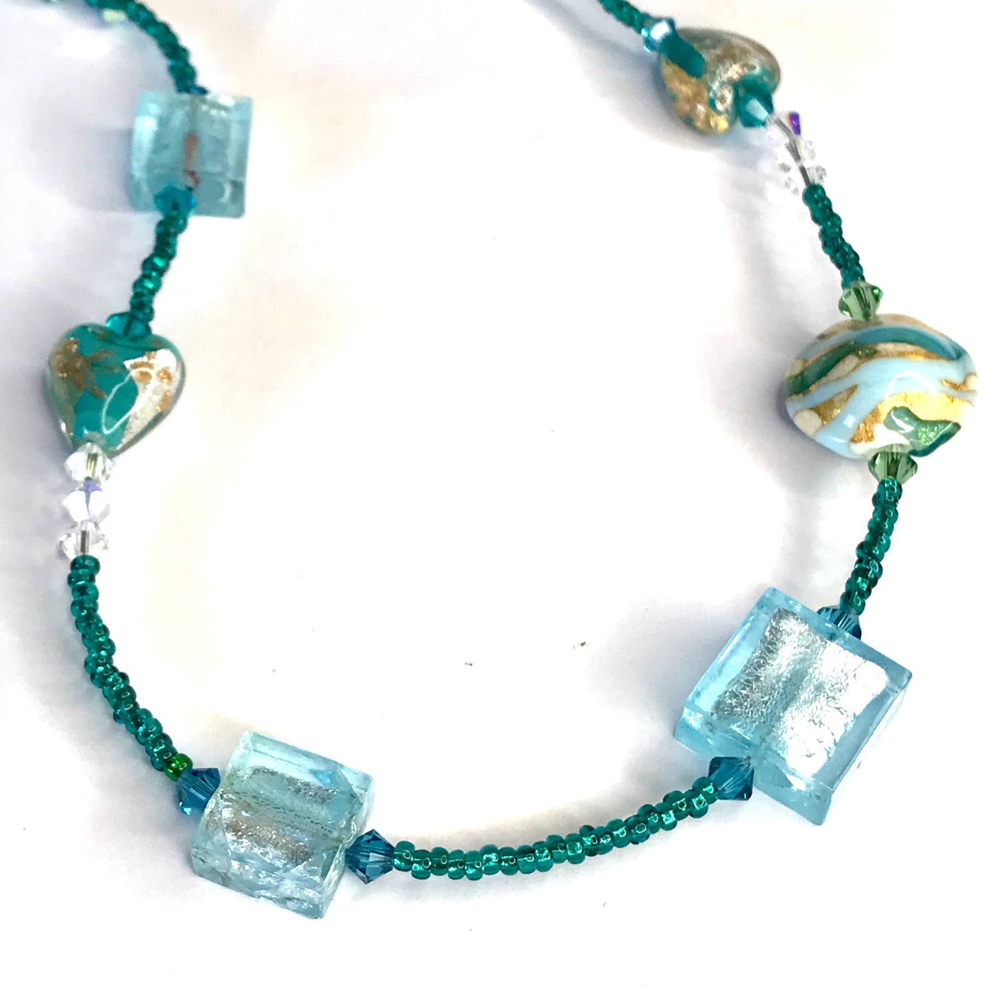 Beautiful green, blue, golden, white beaded real Murano glass necklace with crystals