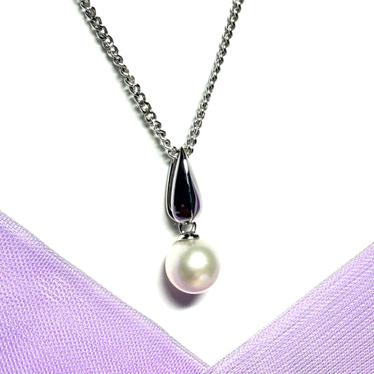 Real freshwater cultured pearl pendant white gold oval drop necklace